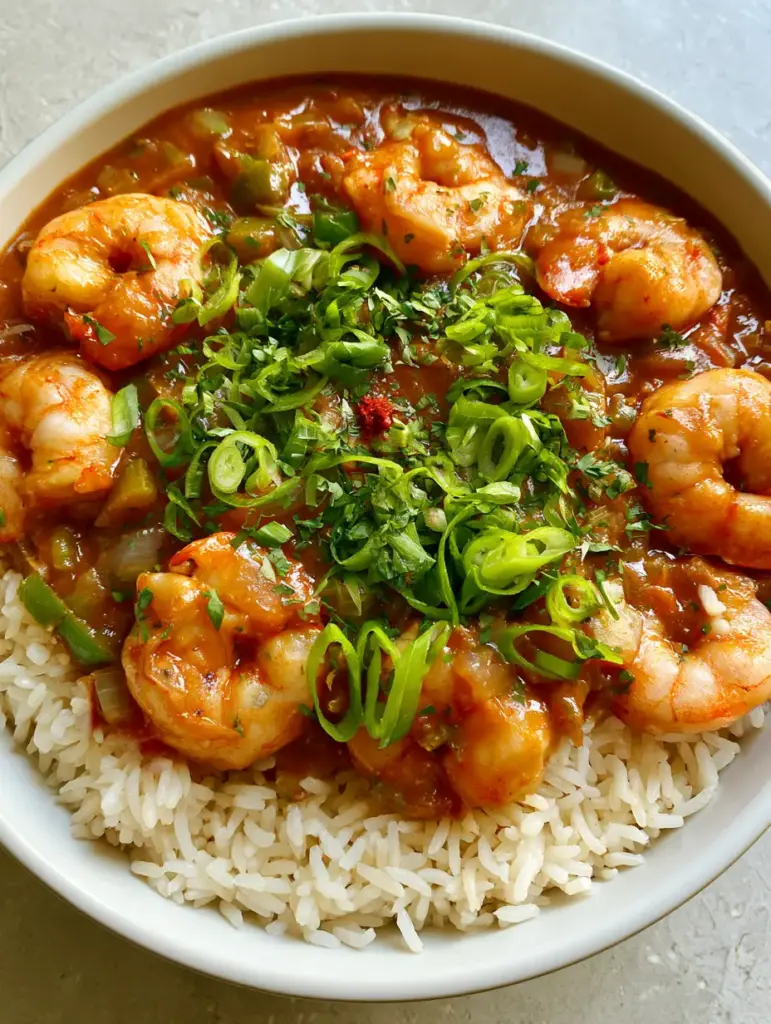 Shallow white ceramic bowl filled with Shrimp Étouffée over a mound of individual grains of long-grain rice.