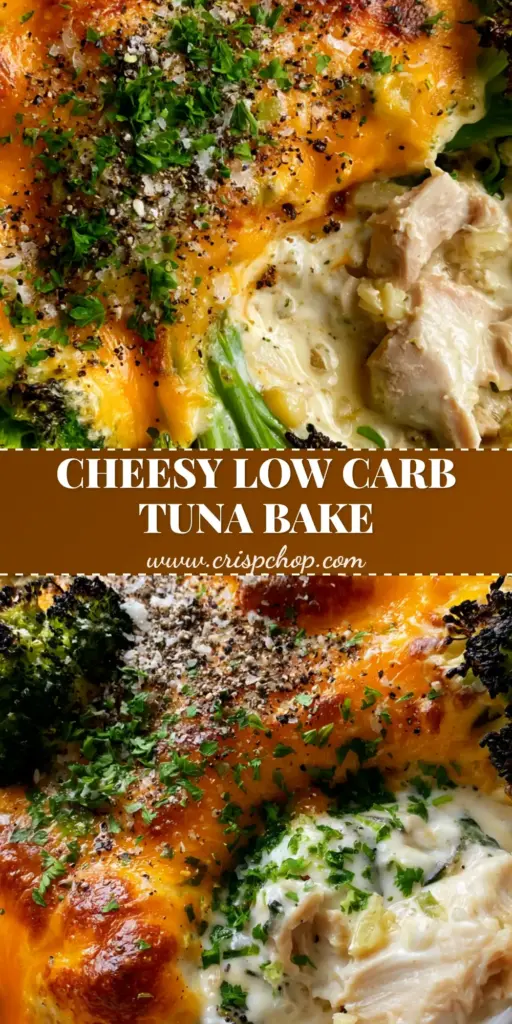 A bubbling Tuna Broccoli Bake in a white ceramic dish featuring charred broccoli and toasted cheddar cheese.