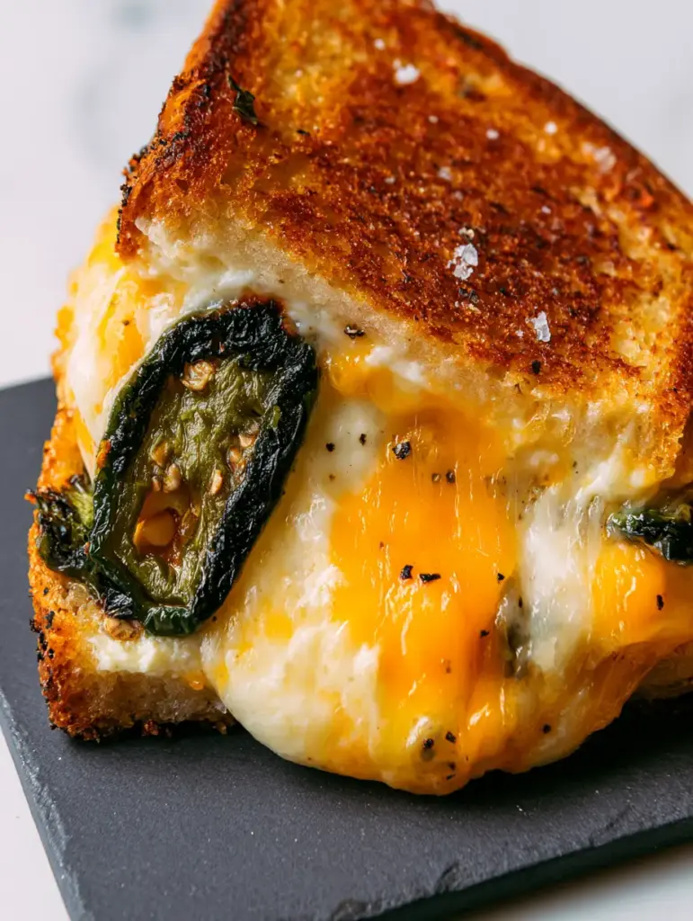 Close-up macro shot of Roasted Jalapeno Popper Grilled Cheese on sourdough with molten orange cheddar and charred peppers.