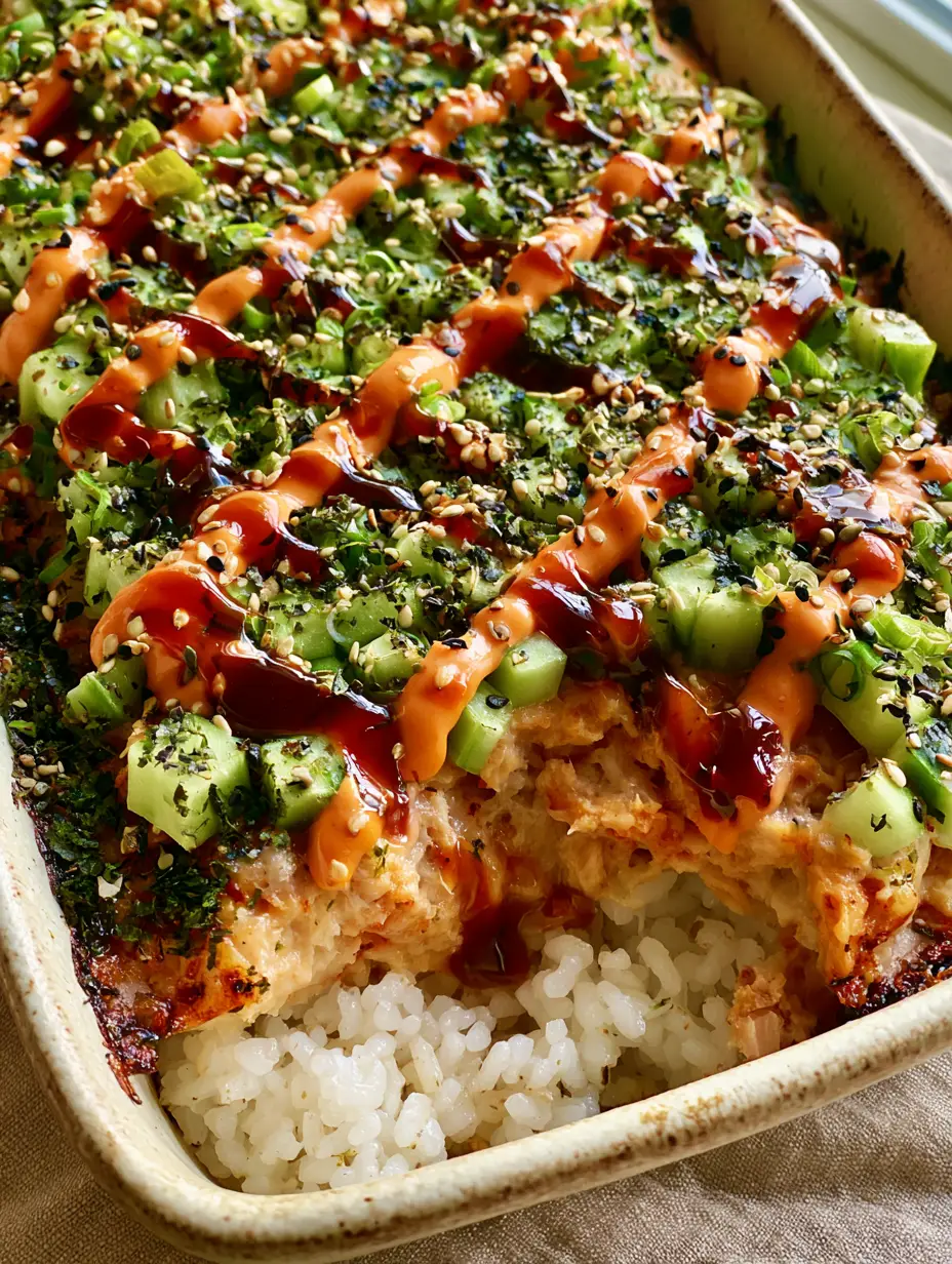 Spicy Tuna Sushi Bake: The Ultimate Creamy, Charred Comfort Dish 3 Handheld photo showing the interior layers of a steaming Spicy Tuna Sushi Bake with a scoop removed.