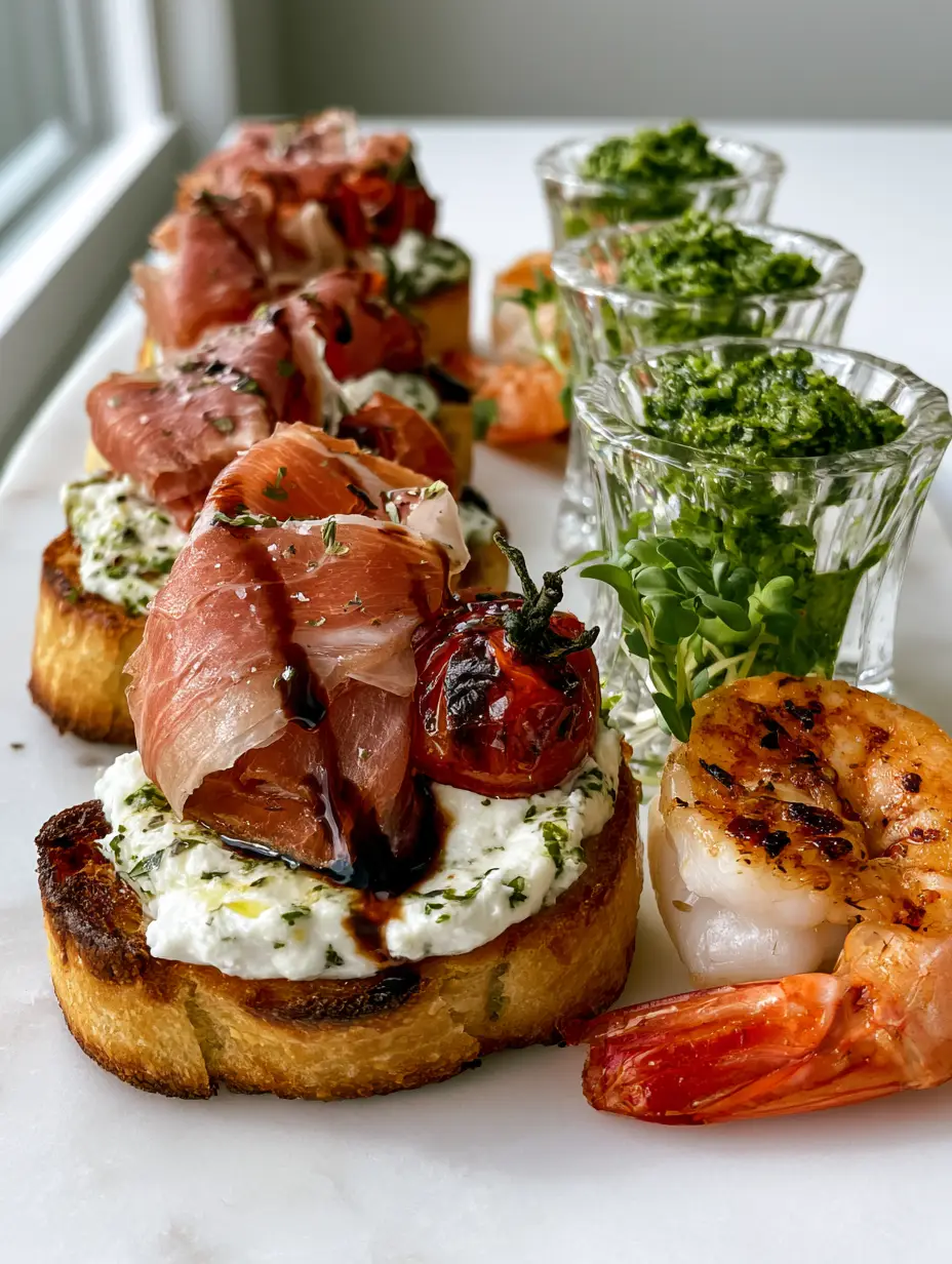 Top-down view of golden toasted baguette slices topped with whipped feta and folded prosciutto ribbons. (Party Snacks)