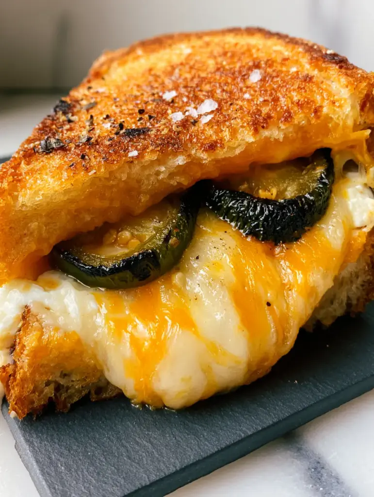 A side view of the toasted sourdough crust of a Roasted Jalapeno Popper Grilled Cheese sprinkled with flaky sea salt.