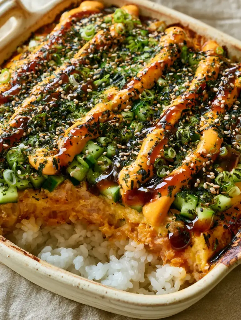 Spicy Tuna Sushi Bake: The Ultimate Creamy, Charred Comfort Dish 1 Top-down view of the Spicy Tuna Sushi Bake featuring a grid of Persian cucumbers and sliced scallions.