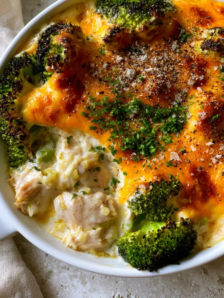 Close-up of Tuna Broccoli Bake showing large chunks of white tuna and bubbling cheese crust.