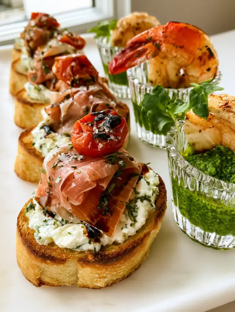 Individual crystal glass votives filled with bright green pesto and a seared pink garlic shrimp. (Party Snacks)