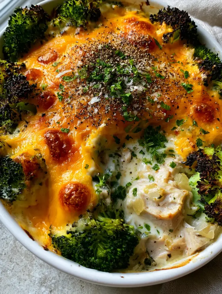 A top-down view of the Tuna Broccoli Bake with fresh parsley garnish and cracked black pepper.