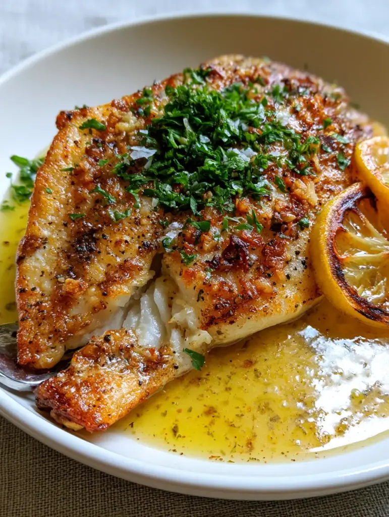 A macro photo of pan seared tilapia showing a crackling golden crust and toasted garlic bits.