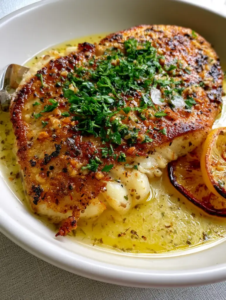 Lifting the edge of a seared tilapia fillet to reveal pearlescent white flakes inside.