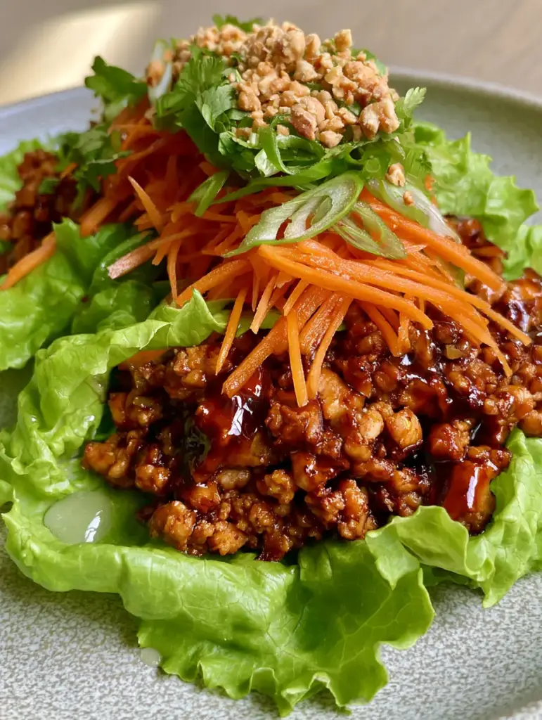 High-angle shot of three Thai Chicken Lettuce Wraps on a matte gray ceramic plate with scallions and lime juice. (Thai Chicken Lettuce Wraps)