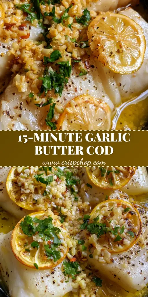 A top-down shot of golden-brown seared Garlic Butter Cod fillets in a cast iron skillet with charred lemons and parsley.