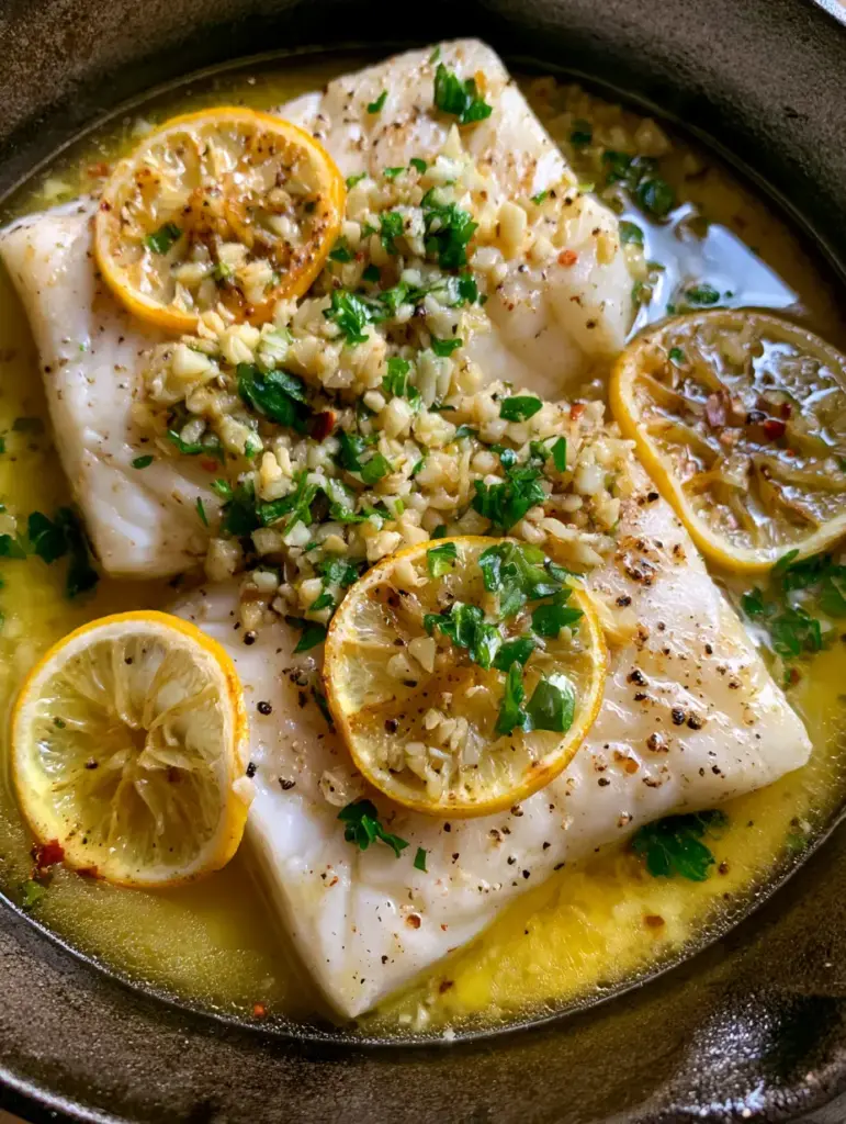 Macro shot of thick flaky white cod fillets with shimmering golden garlic butter sauce and minced sautéed garlic. (Garlic Butter Cod)