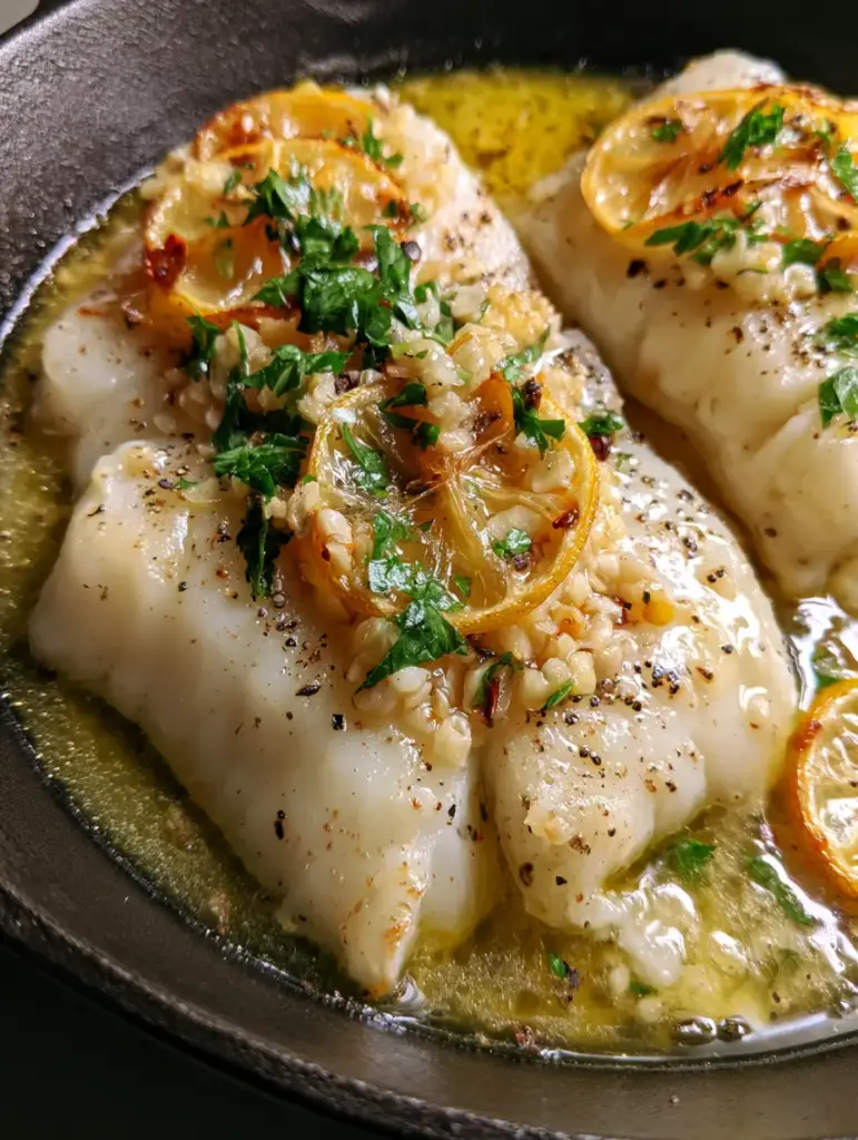 Top-down view of Garlic Butter Cod in a black cast iron skillet with charred lemon rounds and red pepper flakes.