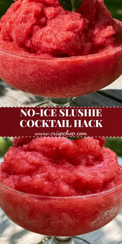 A close-up of a vibrant pink frozen strawberry gin cocktail in a crystal coupe glass with a mountain of slush and frosted berries. (summer cocktails)