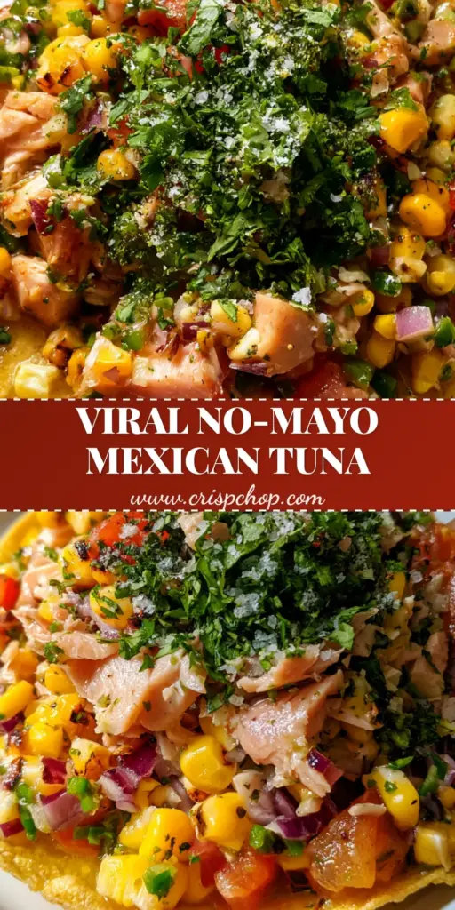 A vibrant Mexican tuna salad served on a crispy golden corn tostada with charred corn and cilantro.