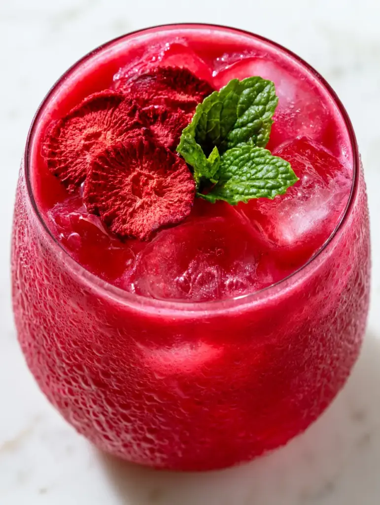 High-angle view of a strawberry acai refresher with floating freeze-dried strawberries and mint leaves. (strawberry acai refresher)