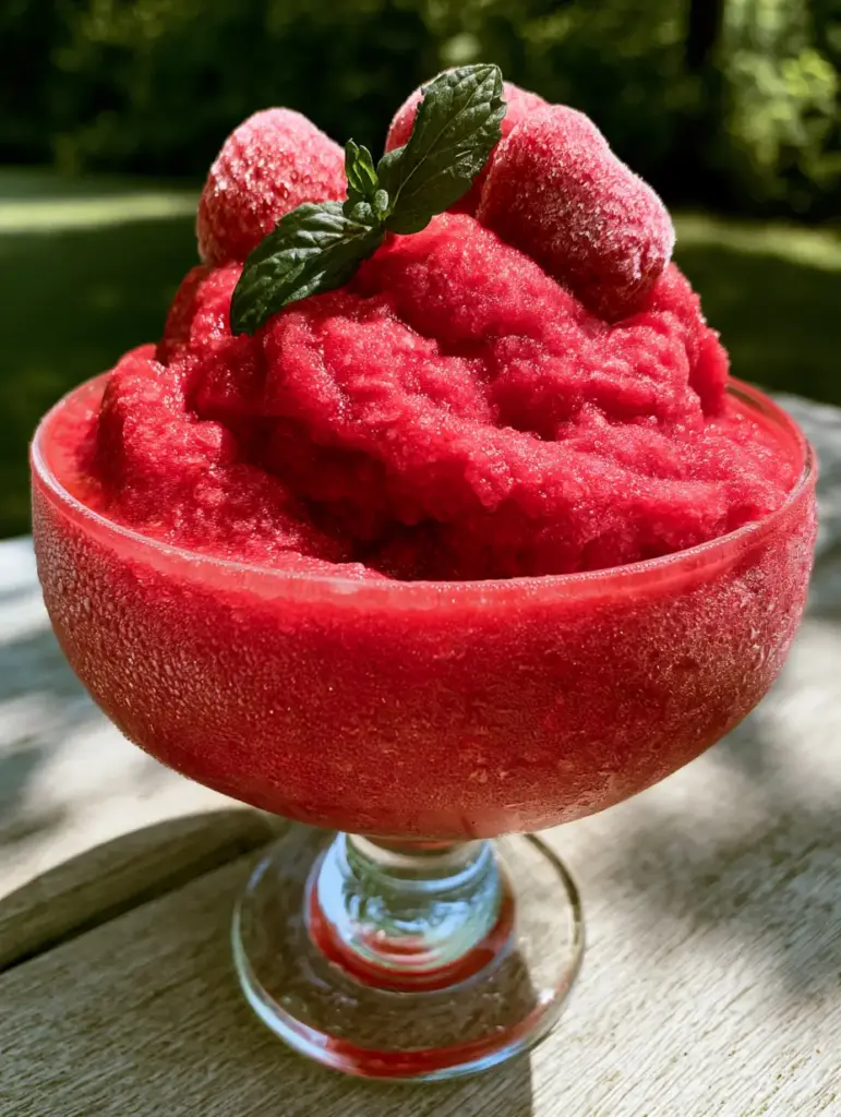 Detailed view of the crystalline fruit texture and mint sprig on a pink strawberry slushie. (summer cocktails)