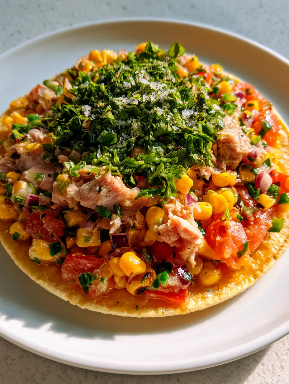 Close up of Mexican tuna salad featuring premium albacore tuna flakes and charred corn kernels.