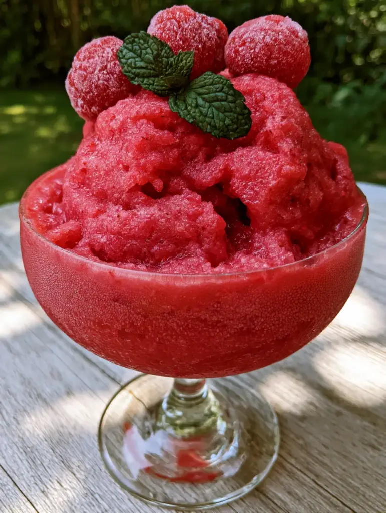 A crystal coupe glass filled with strawberry slushie showing a clear botanical gin swirl at the base.