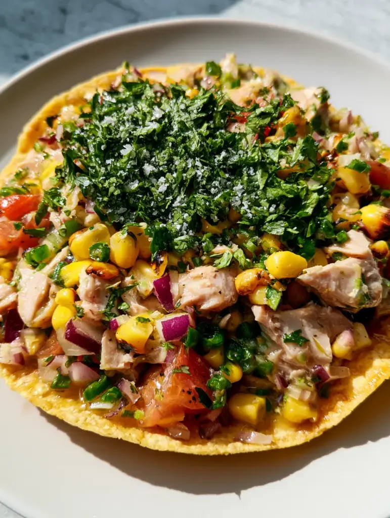Handheld perspective of a Mexican tuna salad tostada in soft afternoon sunlight.