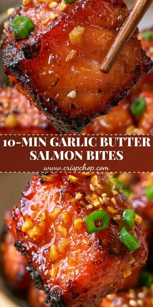 Air Fryer Salmon Bites with Honey Garlic Butter and Toasted Sesame 4 A close up macro shot of glistening air fryer salmon bites being lifted by wooden chopsticks, showing charred crispy edges and a coral pink center.