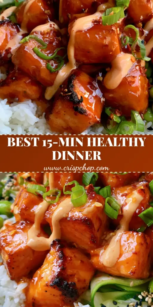 Sriracha Honey Salmon: The Ultimate Crispy Air-Fried Rice Bowl 4 A top-down view of a ceramic bowl featuring crispy Sriracha Honey Salmon bites over rice with cucumber ribbons and edamame.