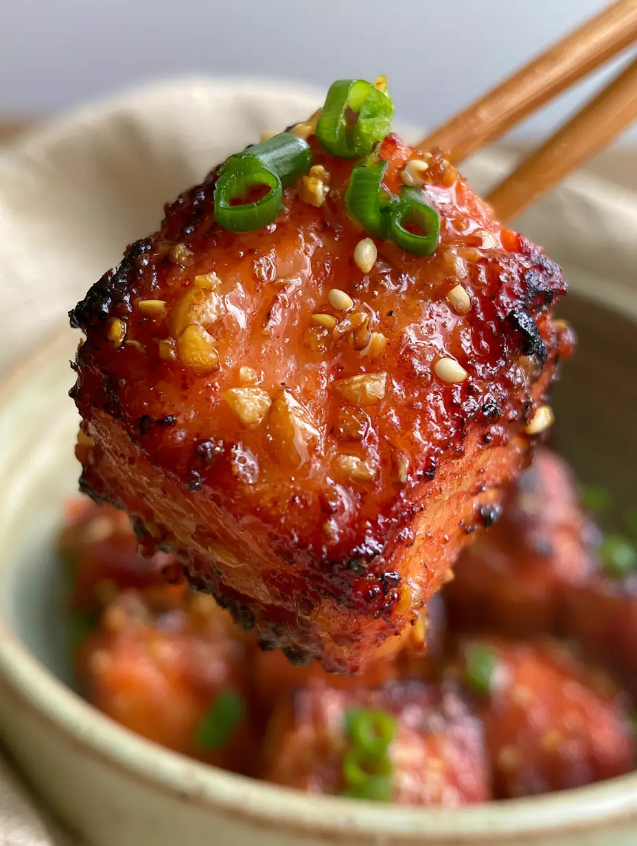 Air Fryer Salmon Bites with Honey Garlic Butter and Toasted Sesame 3 Detailed shot of a single salmon cube with toasted garlic and sesame seeds. (air fryer salmon bites)
