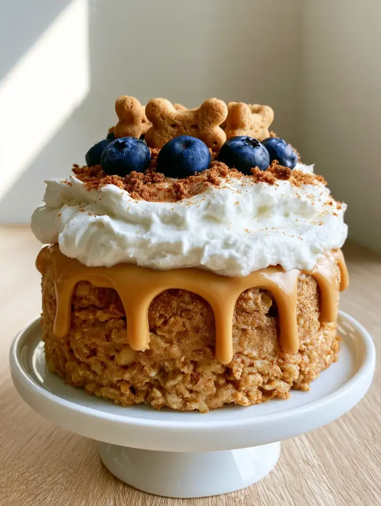 Homemade Dog Birthday Cakes: The Ultimate No-Bake Banana and Peanut Butter Celebration 1 Side view of a peanut butter drizzle dripping down a textured oat dog cake base. (homemade dog birthday cakes)