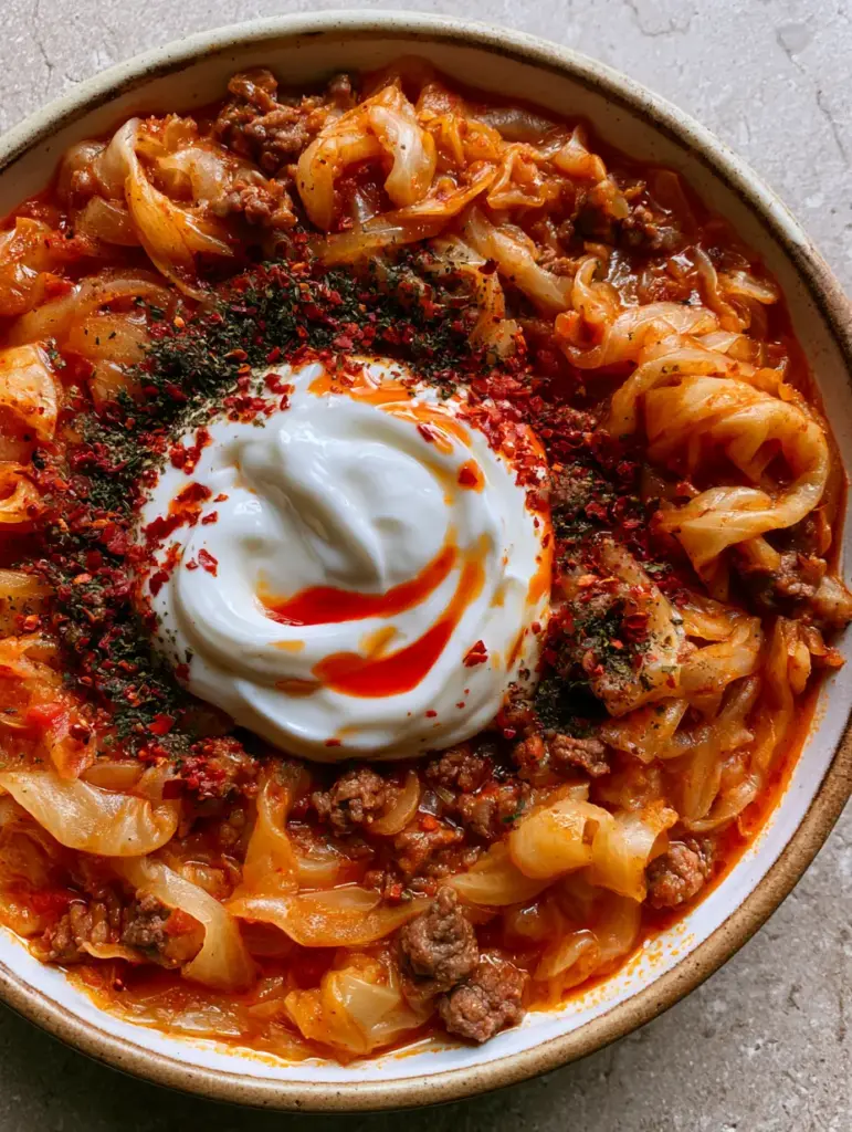 Close up of Kapuska showing ground beef crumbles and a thick dollop of Greek yogurt.