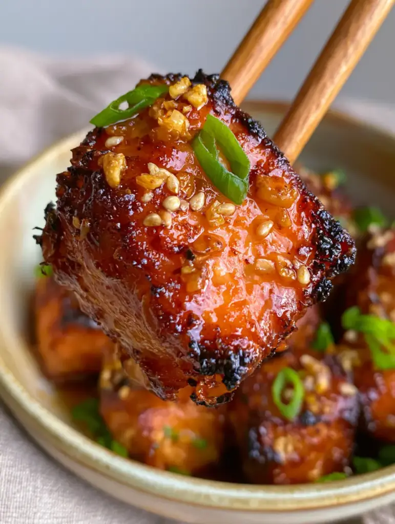 Air Fryer Salmon Bites with Honey Garlic Butter and Toasted Sesame 1 Macro view of honey garlic butter glaze on air fryer salmon bites.