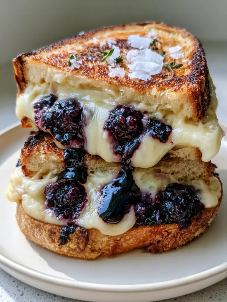 Extreme macro of a Blueberry Grilled Cheese showing molten white Brie oozing out with burst indigo blueberries.