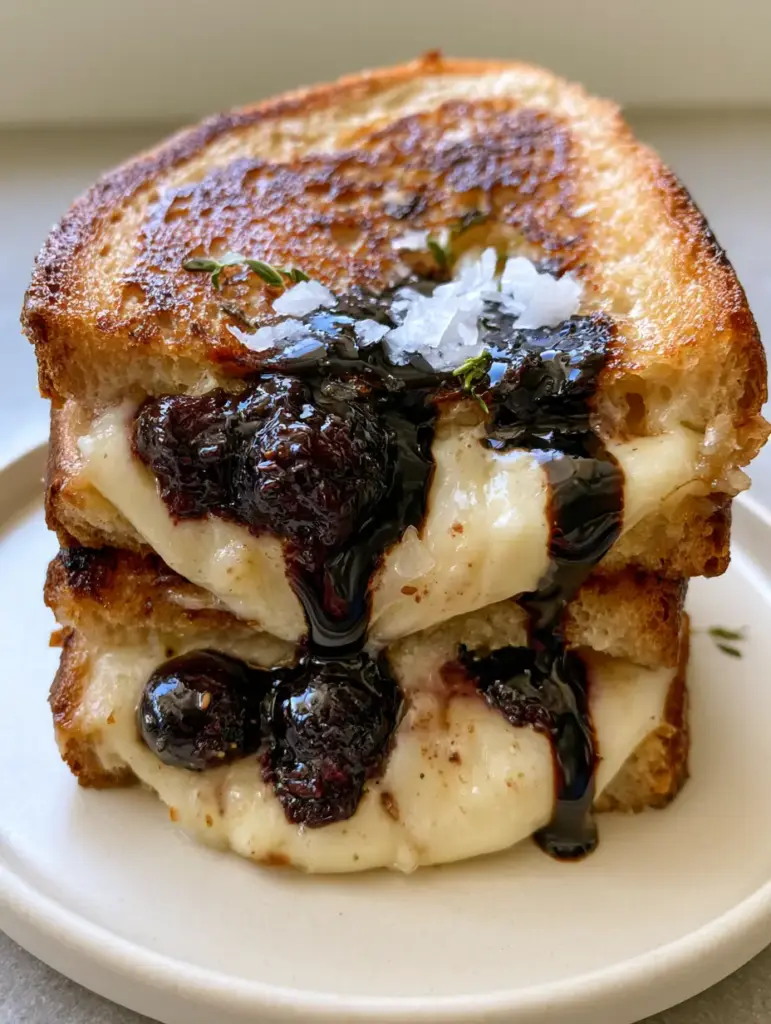 Blueberry Grilled Cheese with Molten Brie and Glossy Balsamic Glaze 1 Close-up of toasted sourdough bread with slight charred edges and a thick balsamic glaze over a Blueberry Grilled Cheese.