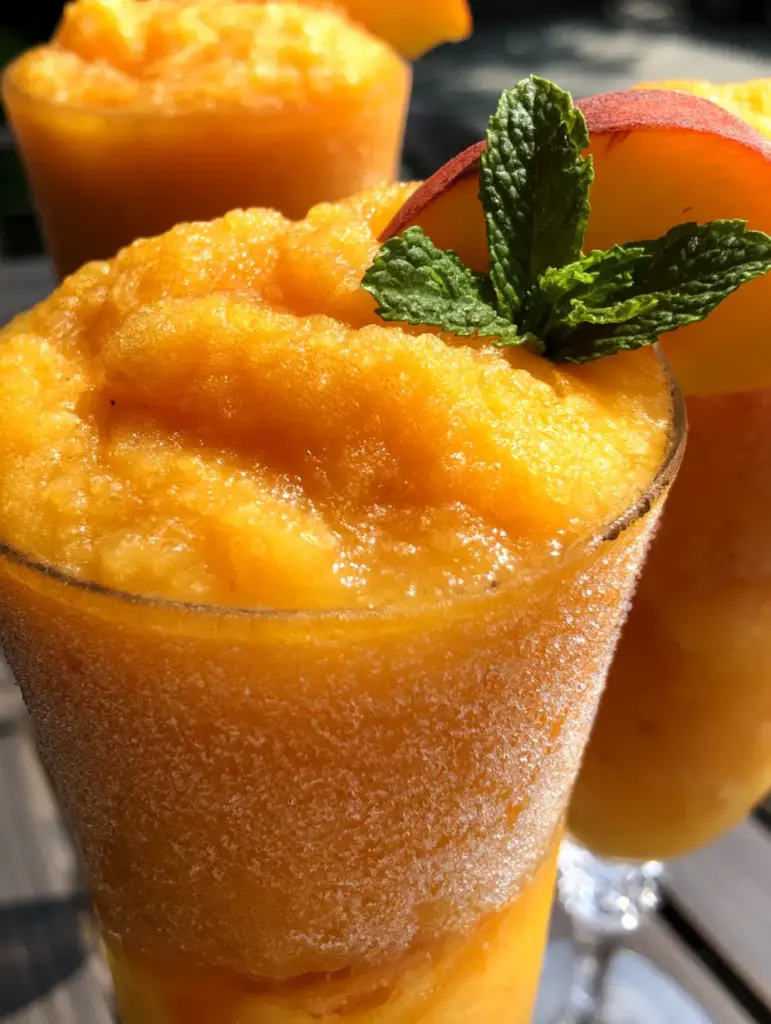 Handheld photo of vibrant orange and gold wine slushies with a thick, velvety texture and peach garnish. (wine slushies)