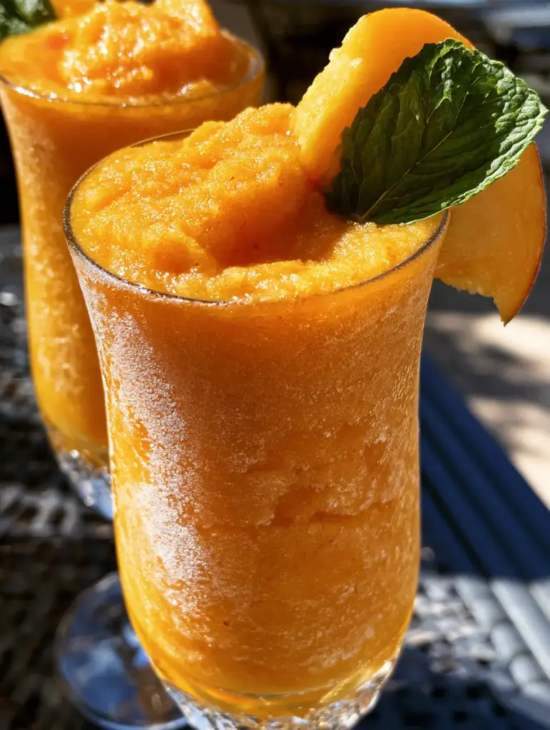 Wine Slushies with Peach and Mango: The Ultimate Frosty Summer Refresher 1 Close-up of frosted crystal glasses with heavy condensation containing peach mango wine slushies and mint garnish.