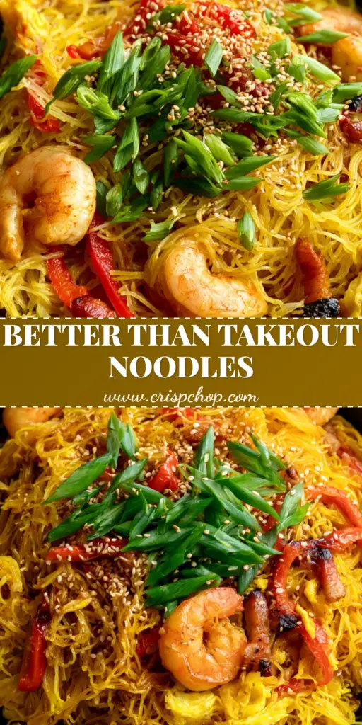 Singapore Noodles: The Ultimate Guide to Perfectly Golden Curry Vermicelli 4 A close-up of Singapore noodles with vibrant yellow curry vermicelli, pink shrimp, and red peppers in a dark bowl.