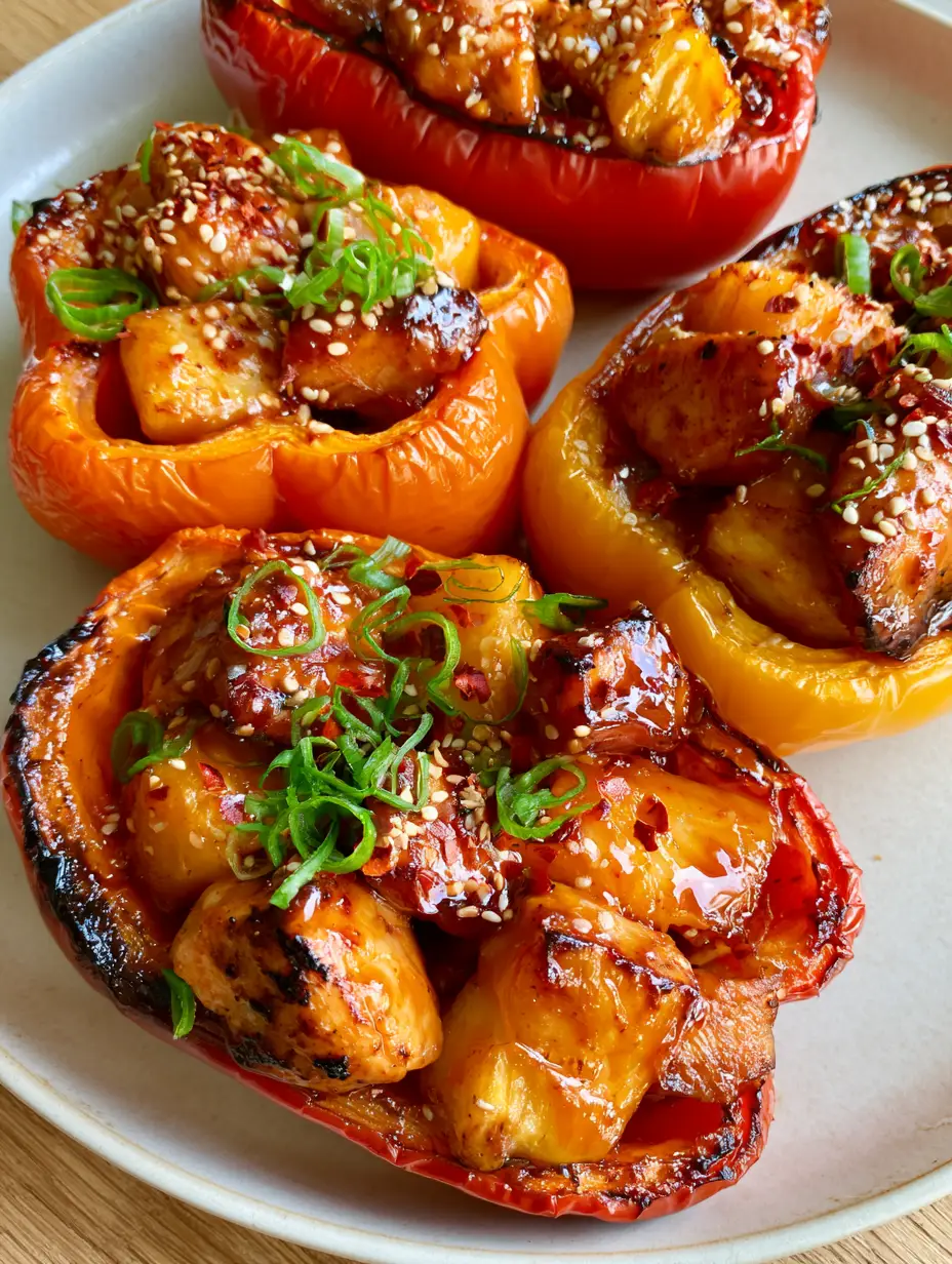 Teriyaki Pineapple Chicken Rice Stuffed Peppers: A Sweet and Savory Masterpiece 3 Extreme macro close-up of seared chicken and grilled pineapple chunks coated in a thick, syrupy mahogany teriyaki sauce with visible sesame seeds and scallions. (Teriyaki Pineapple Chicken Rice Stuffed Peppers)