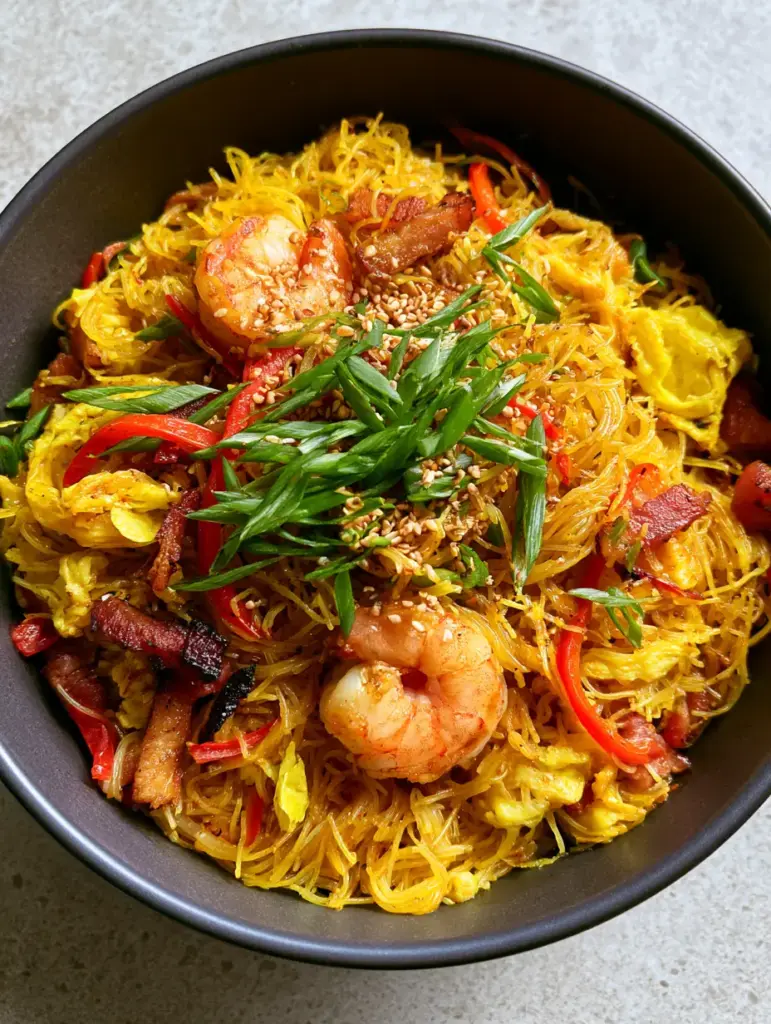 Singapore Noodles: The Ultimate Guide to Perfectly Golden Curry Vermicelli 2 Top-down view of Singapore noodles showing charred pork slivers and fluffy egg ribbons.
