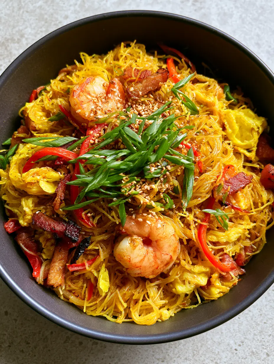 Top-down view of Singapore noodles showing charred pork slivers and fluffy egg ribbons.