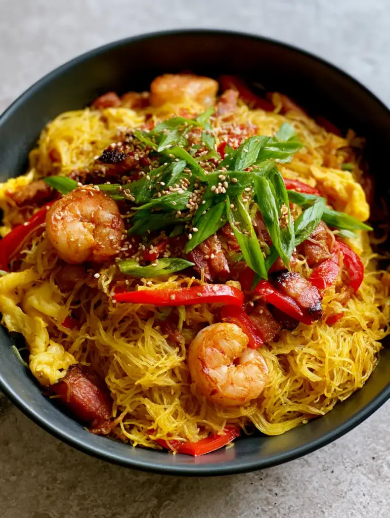 Singapore Noodles: The Ultimate Guide to Perfectly Golden Curry Vermicelli 1 Extreme close-up of steaming hot Singapore noodles garnished with green scallions and sesame seeds.