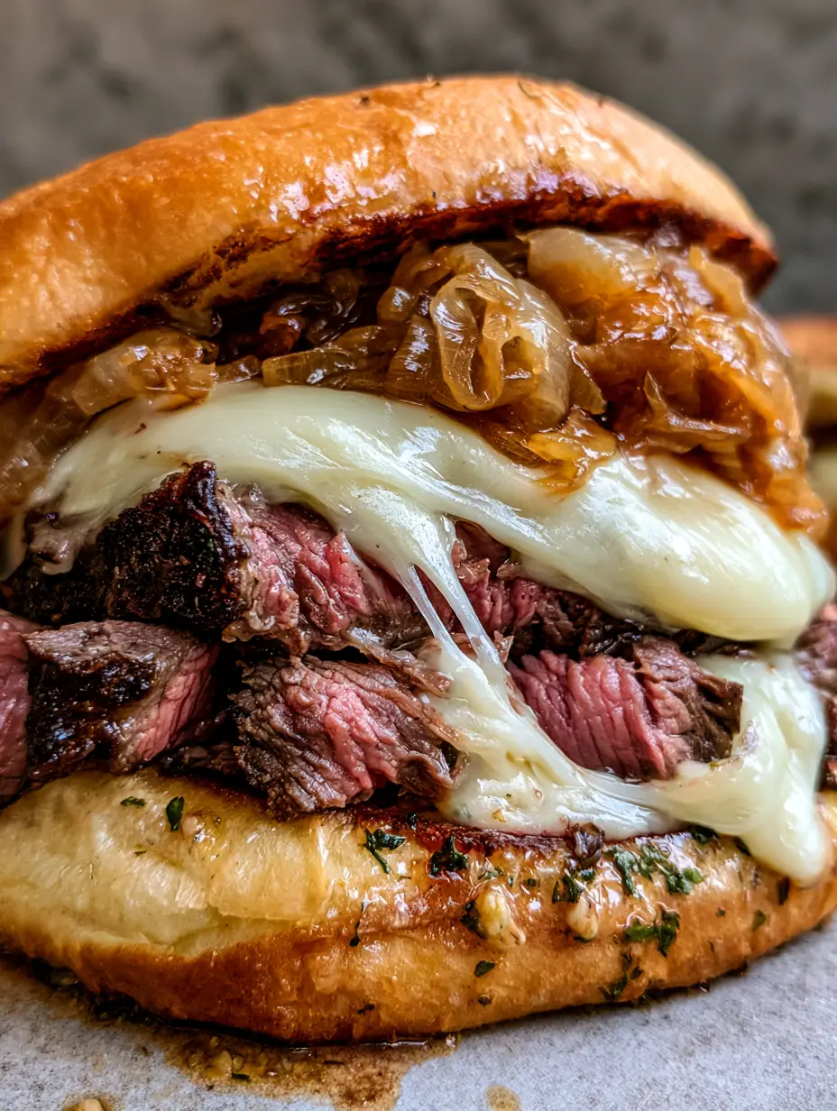 Macro shot of a steak sandwich with glistening garlic butter, parsley flakes, and seared ribeye ribbons. (steak sandwich)