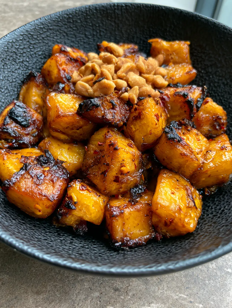 Close-up of glistening Kelewele plantain cubes showing grated ginger bits and habanero flakes.