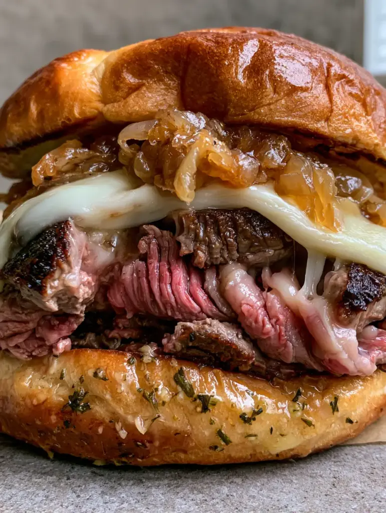 Close up of jammy caramelized onions and melted provolone cheese on a steak sandwich.