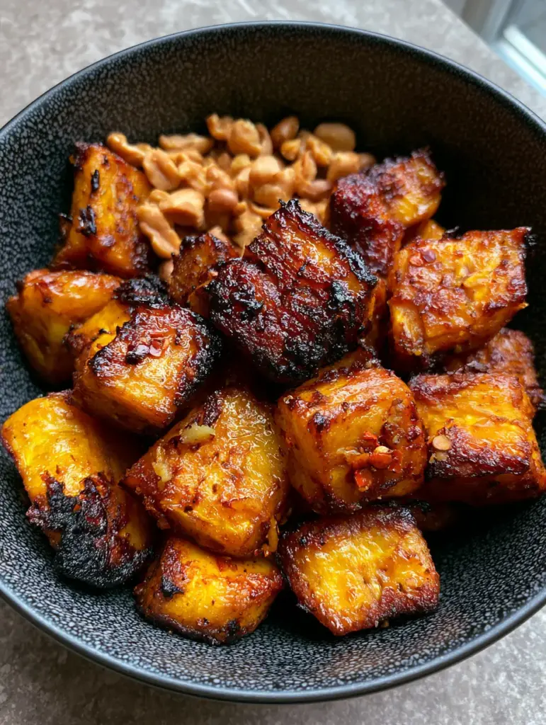 Air-fried Kelewele in a black bowl featuring charred edges and golden yellow centers.