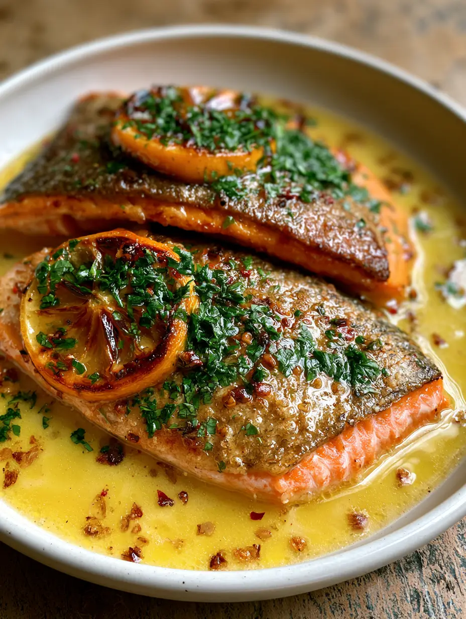 Close-up of pan seared rainbow trout in a white bowl with glistening garlic butter sauce. (pan seared rainbow trout)