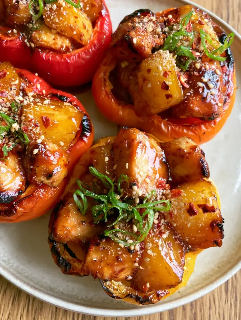 Teriyaki Pineapple Chicken Rice Stuffed Peppers: A Sweet and Savory Masterpiece 1 Top-down view of red and orange roasted bell peppers stuffed with teriyaki chicken and pineapple, featuring blackened blister marks on the pepper edges.