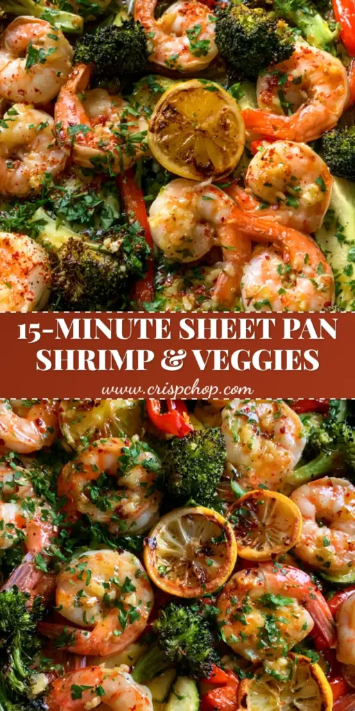 A top-down view of a dark metal sheet pan filled with glistening garlic butter shrimp, charred broccoli, red peppers, and zucchini rounds. (easy seafood recipes)