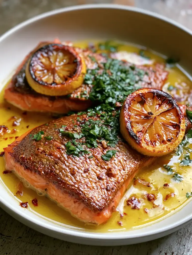 Detailed shot of charred lemon wheels and toasted garlic over pan seared rainbow trout.