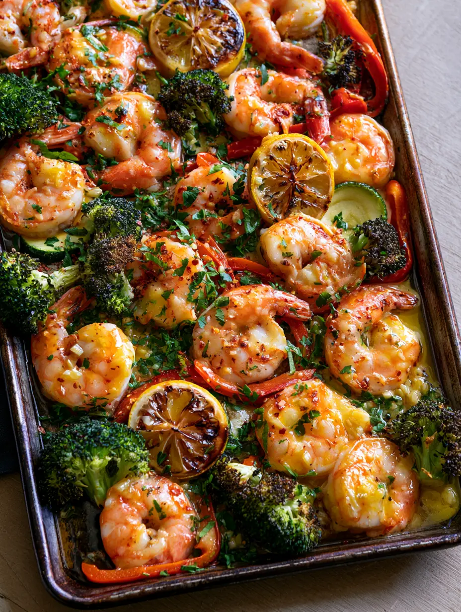 Overhead smartphone photo of succulent pink shrimp and charred vegetables on a dark rustic sheet pan. (easy seafood recipes)