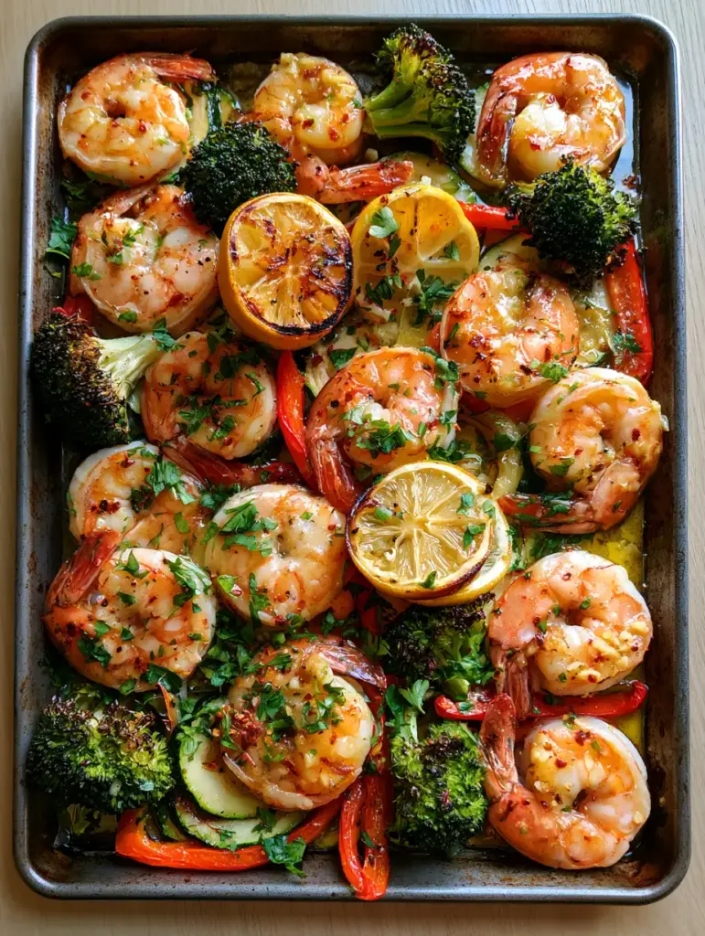 Close up of charred broccoli florets and glistening garlic butter shrimp with visible minced garlic bits.