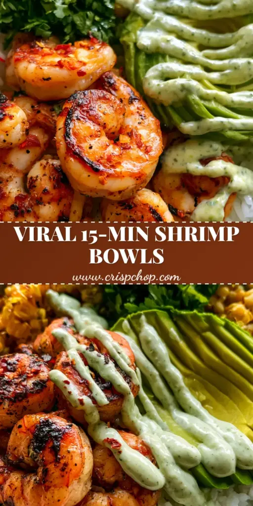 A vibrant shrimp and avocado bowl held in two hands, featuring seared jumbo shrimp, charred corn, and a cilantro lime drizzle. (shrimp and avocado bowls)