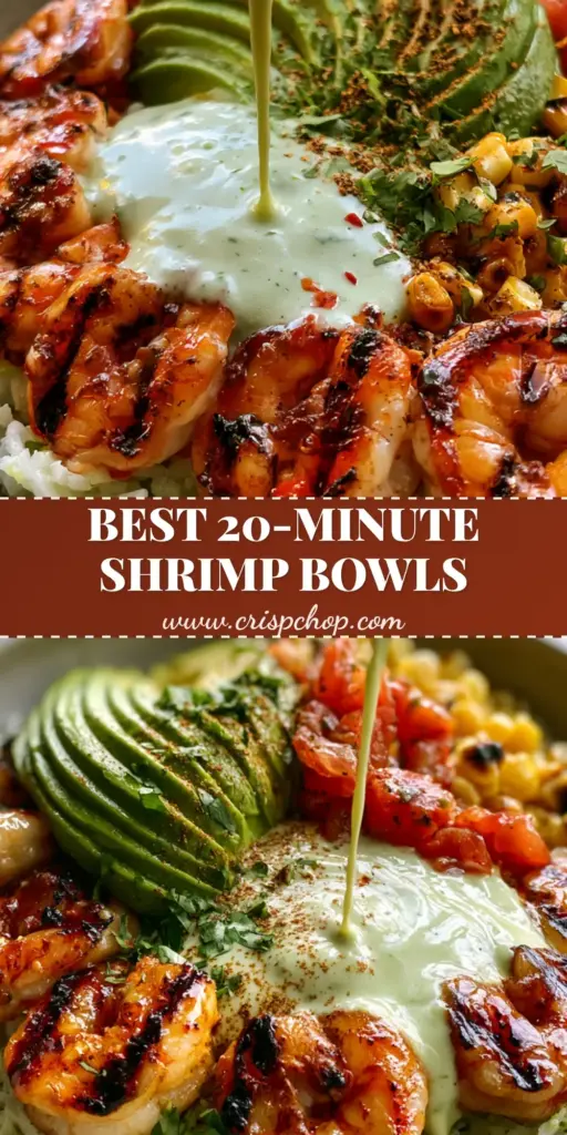 A gourmet Grilled Shrimp and Avocado Bowl featuring charred jumbo shrimp with citrus glaze, sliced avocado, and a creamy cilantro lime drizzle in a matte ceramic bowl. (Grilled Shrimp and Avocado Bowls)